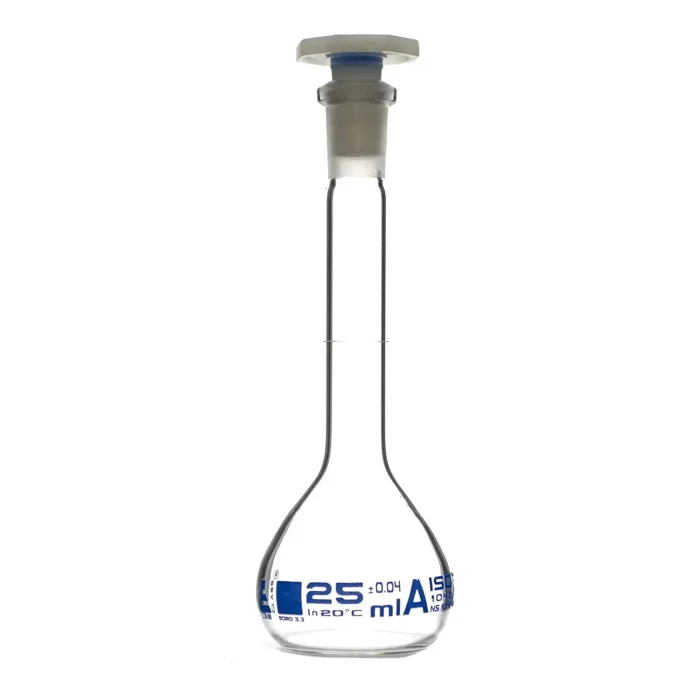 fiole-eisco-25A.webp Fiole jaugée 25ml classe A avec bouchon EISCO – Image 1